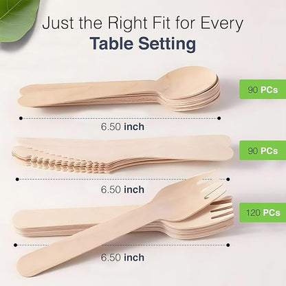 300 PCs Disposable Wooden Cutlery - Eco Friendly 120 Forks, 90 Knives, 90 Spoons