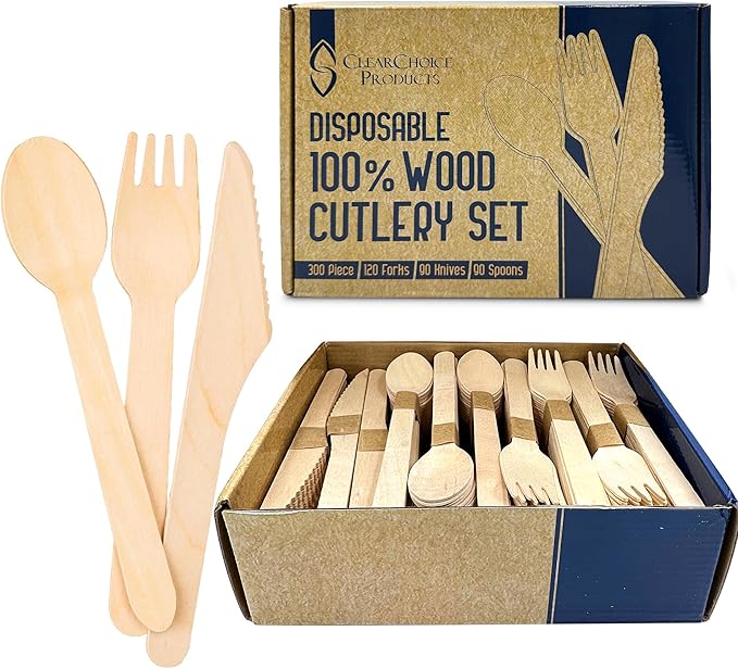 300 PCs Disposable Wooden Cutlery - Eco Friendly 120 Forks, 90 Knives, 90 Spoons